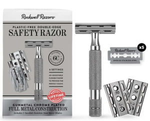 ROCKWELL RAZORS 6C Gunmetal Chrome Safety Razor With 6 Adjustable Shave Settings and 5 Fully Recyclable Razor Blades. Reusable Safety Razors for Men and Women.