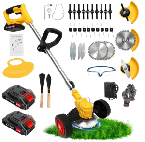 24V Electric Weed Wacker Cordless Grass Trimmer with 2x2000mAh Batteries & Fast Charger, 3 in 1 Stringless Lightweight Brush CutterEdgerMower with 3 Types Blade & Wheels for Garden and Yard Lawn