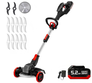 Cordless Weed Wacker with Blade, 20V Brushless Motor, 3-in-1 Brush Cutter & Edger & Lawn Mower with 5.2Ah Battery and Charger, 30+Mins, K&GO Force (One Battery)