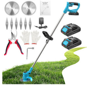 Weed Wacker, Cordless String Trimmer 21V with 2 Batteries 2.0Ah, 2 Types Metal Blades Powered Grass Trimmer, Pruning Shears, Adjustable Pole Weed Trimmer for Garden and Yard Lawn, Blue