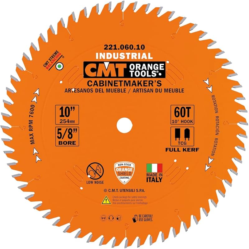 CMT 221.060.10 10-Inch 60-Tooth TCG Industrial Cabinet Saw Blade, 5/8