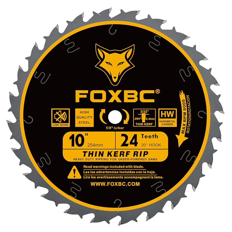 FOXBC 10-Inch Thin Kerf 24-Tooth FTG Ripping Blade for Table Saws - Sm