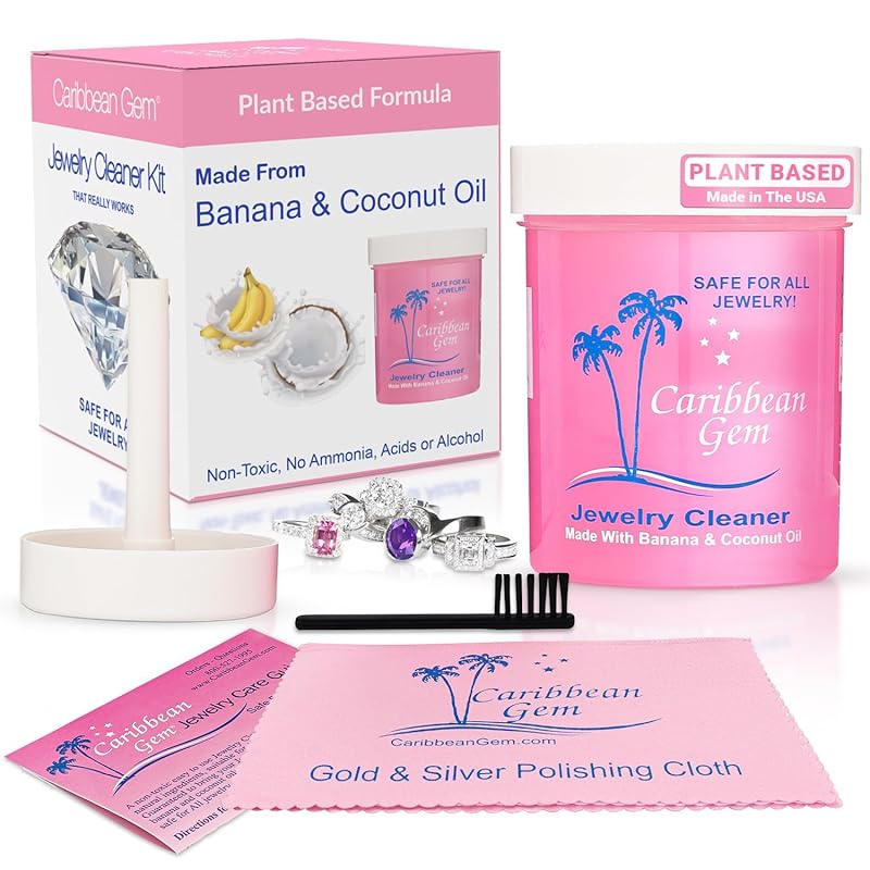 Caribbean Gem Jewelry Cleaner Kit 8oz with Brush, Polishing Cloth & Ba