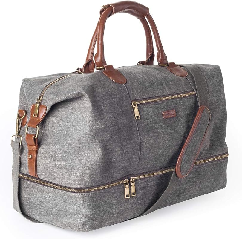 MyMealivos Grey Canvas Weekender Bag with Shoe Pouch for Overnight Tra