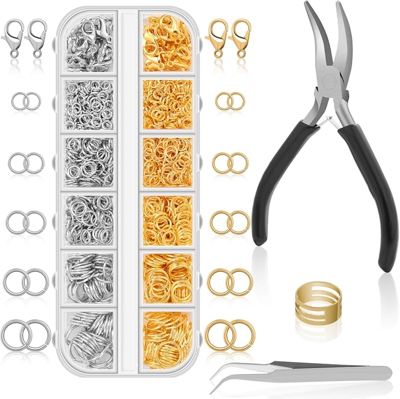 Anezus 1200Pcs Silver & Gold Jump Rings Jewelry Kit with Pliers for Ne