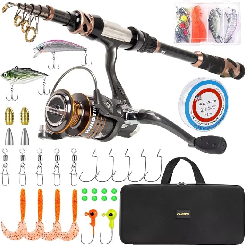 PLUSINNO Carbon Fiber Telescopic Spinning Fishing Rod Combo with 13BB 