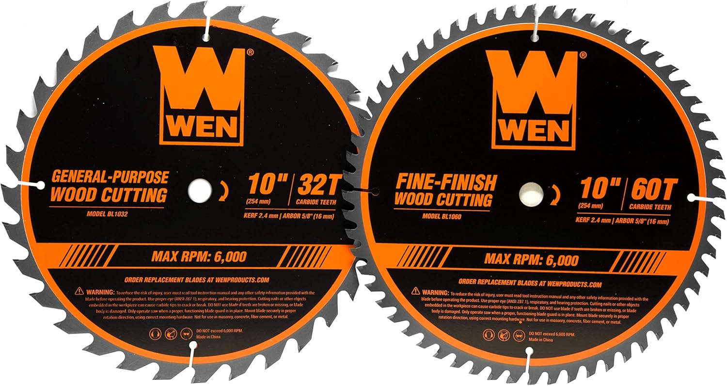 Wen 10-Inch 32/60-Tooth Carbide-Tipped Woodworking Saw Blade Set (2 Pa
