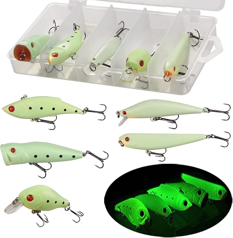 Glow Fishing Lure Kit with VIB Popper, Minnow & Hard Baits for Night F