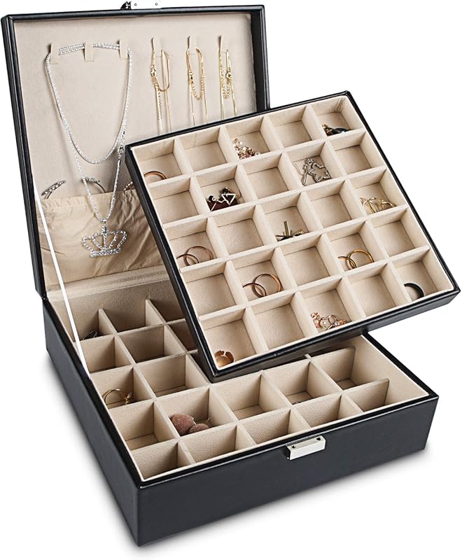 Frebeauty 50-Slot Earring Holder with 2 Layers, PU Jewelry Organizer f