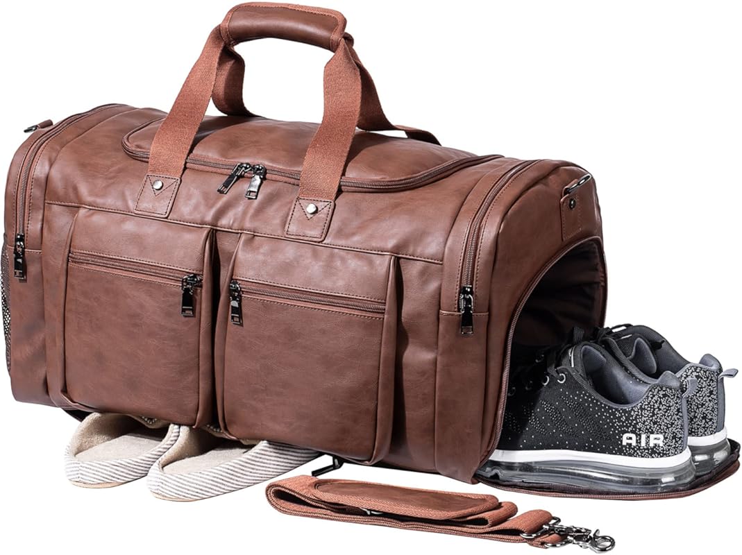 Brown Waterproof Leather Travel Weekender Bag with Shoe Pouch & Toilet