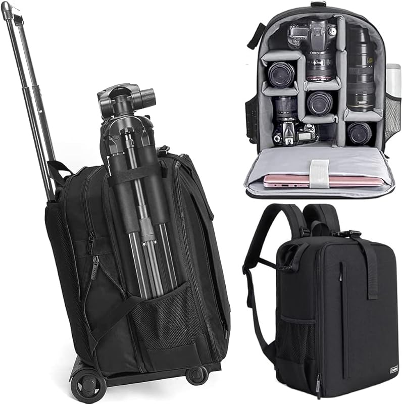 Cwatcun Anti-Theft Waterproof Rolling Camera Backpack with Tripod Hold