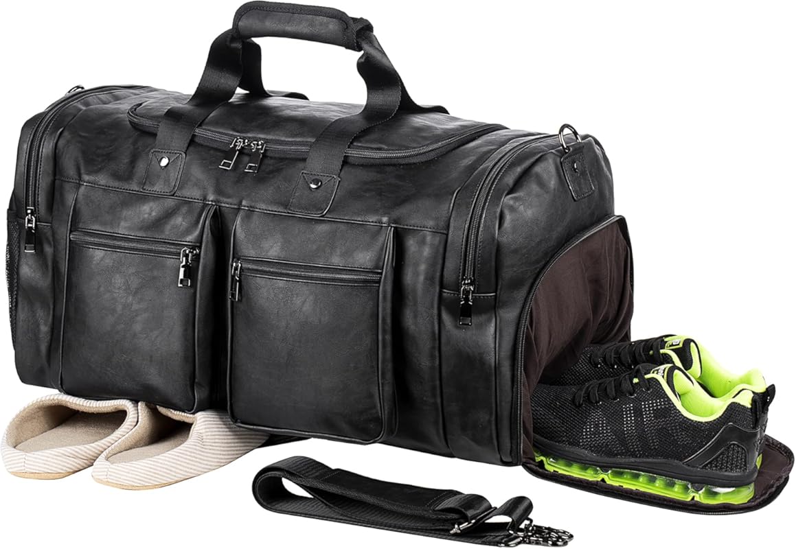 Large Leather Travel Weekender Bag with Shoe Pouch & Waterproof Carry-