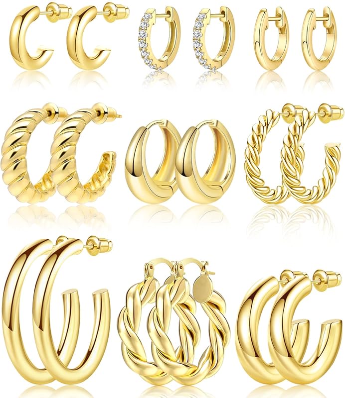 Adoyi 9 Pairs Lightweight 14K Gold Plated Twisted Huggie Hoop Earrings