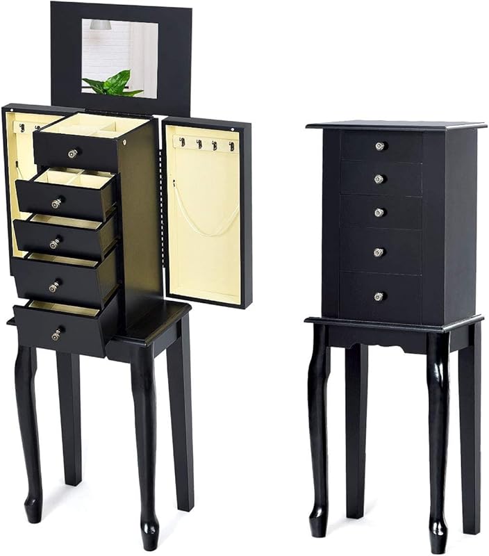 Wooden Jewelry Cabinet with Top Flip Mirror, 4 Drawers & Side Doors fo