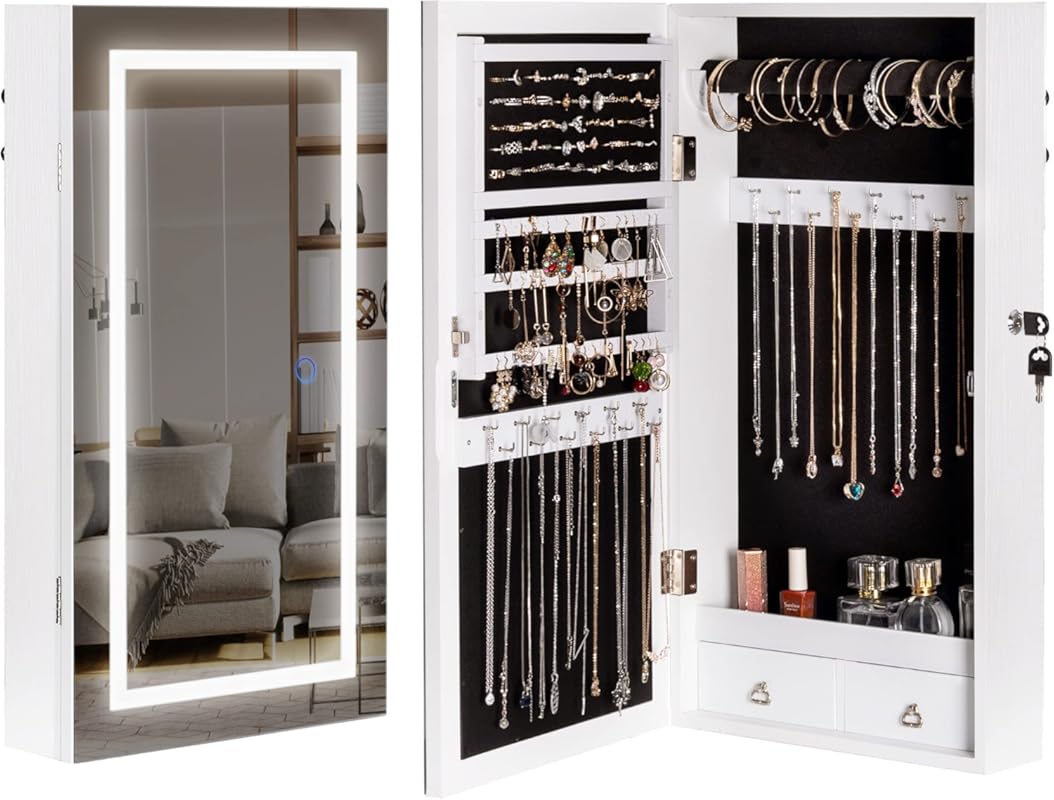 LAVIEVERT LED Lighted Jewelry Armoire with Frameless Mirror, Wall/Door