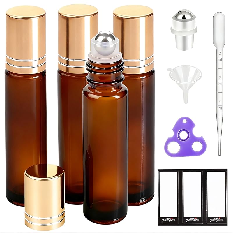 PrettyCare 4 Pack Amber Glass 10ml Roller Bottles with Stainless Steel