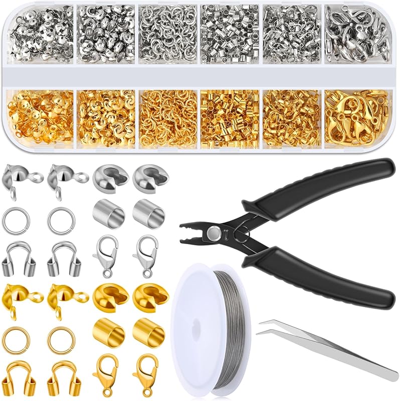 Acejoz 1200PCS Crimp Beads Kit with Covers, Wire & Lobster Clasps for 