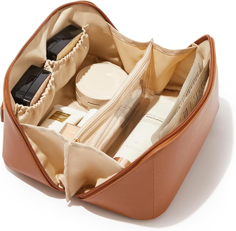 Large waterproof PU leather flat-open cosmetic bag for makeup, brushes