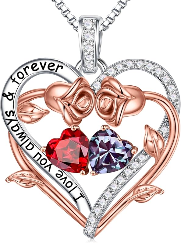 Iefil Rose Heart Double Birthstone Necklace for Women - Gemstone Jewel