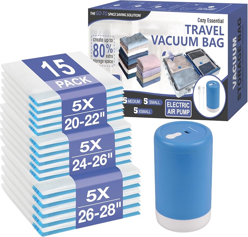 Cozy Travel Vacuum Storage Bags with Rechargeable USB Pump, 15 Combo f