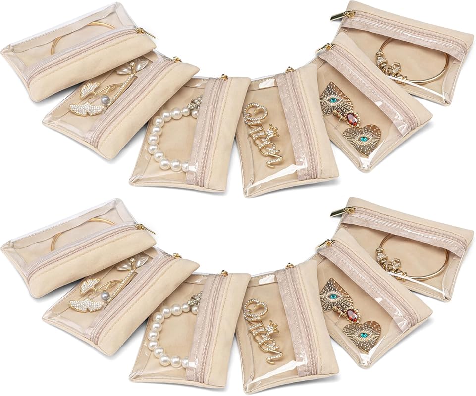 VLANDO Travel Jewelry Case with 12 Clear Velvet Bags Zipper Pouch for