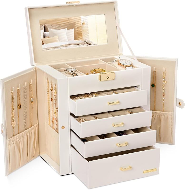 Homde Synthetic Leather Jewelry Box with Mirror, Lockable Storage for