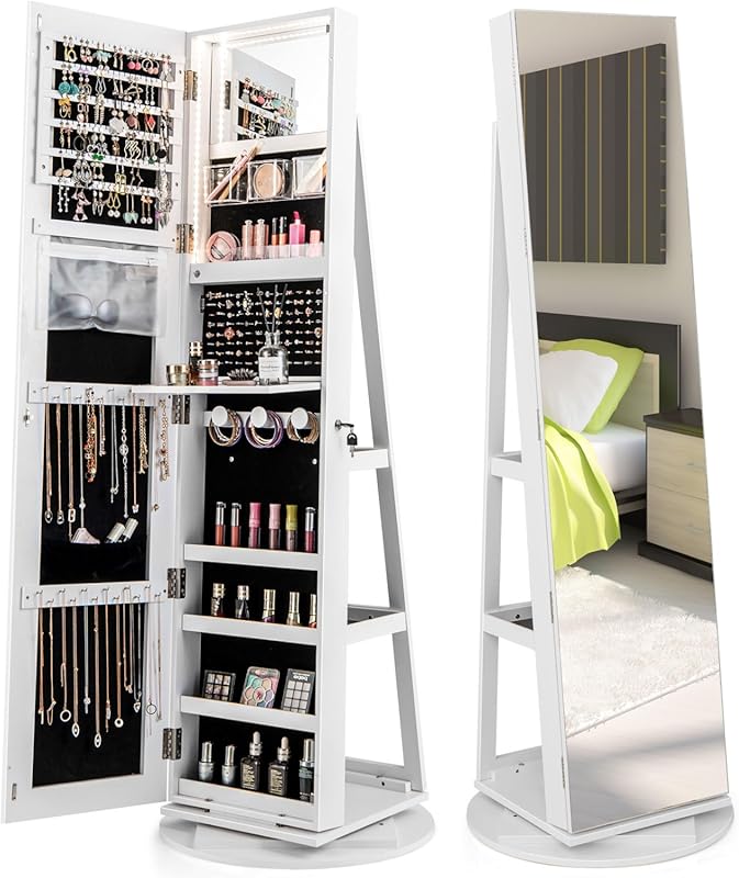 360° Rotating Jewelry Armoire with Full-Length Mirror, LED Lights & Lo