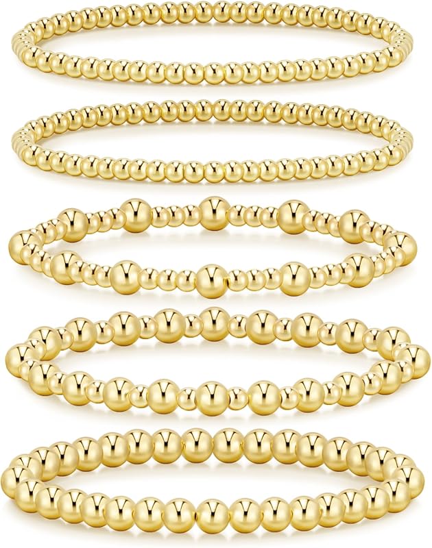 adoyi Waterproof Gold Beaded Bracelets – 14K Gold Plated, Adjustable S