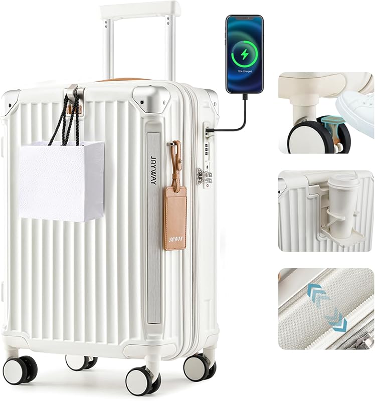 Joyway 20in Expandable Carry-On Luggage with Smart Cup Holder, USB Por