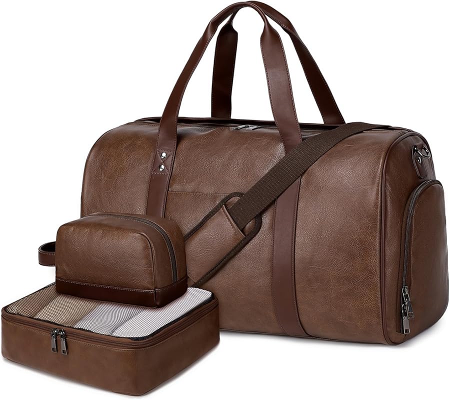 Stylish 3-Piece Faux Leather Weekender Duffel Bag with Shoe Compartmen