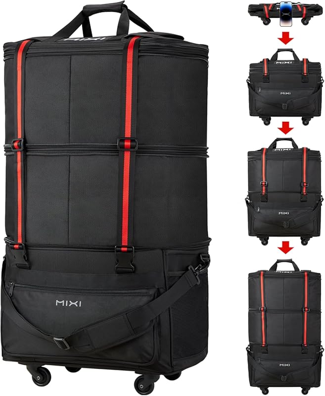 mixi Expandable Foldable Rolling Duffel Bag with Wheels, Large Capacit