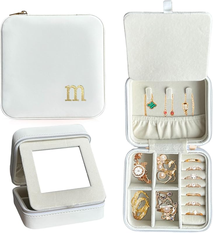 COLLECTIVE Home Travel Jewelry Case with Gold Monogram & Mirror, Squar