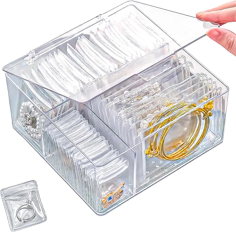 HomePekite 4-in-1 Clear Acrylic Jewelry Organizer with 60 Anti-Tarnish