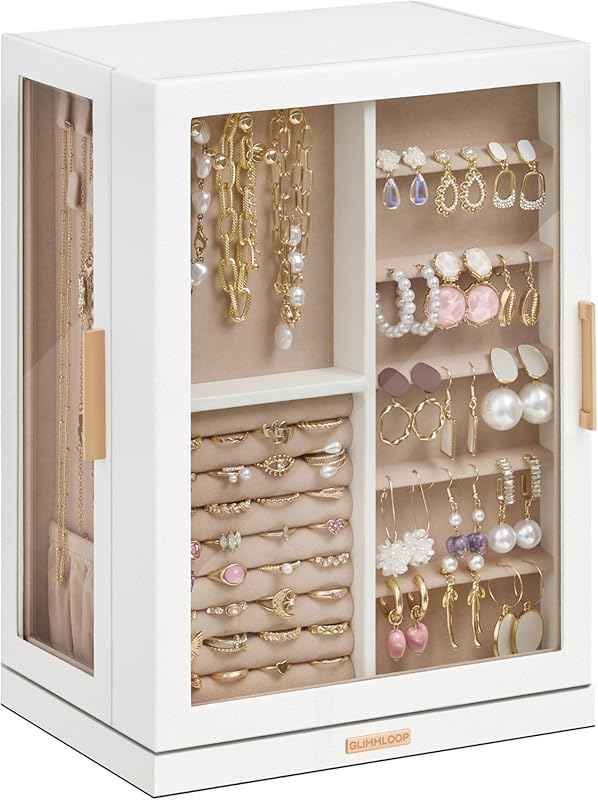 Glimmloop 360° Rotating Jewelry Box with 7 Drawers & Glass Window, Dus