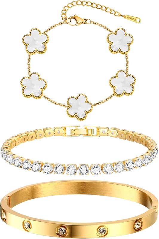 Women's Stackable Floral Gold Bracelets – 3Pcs 18K Gold Plated, Stainl