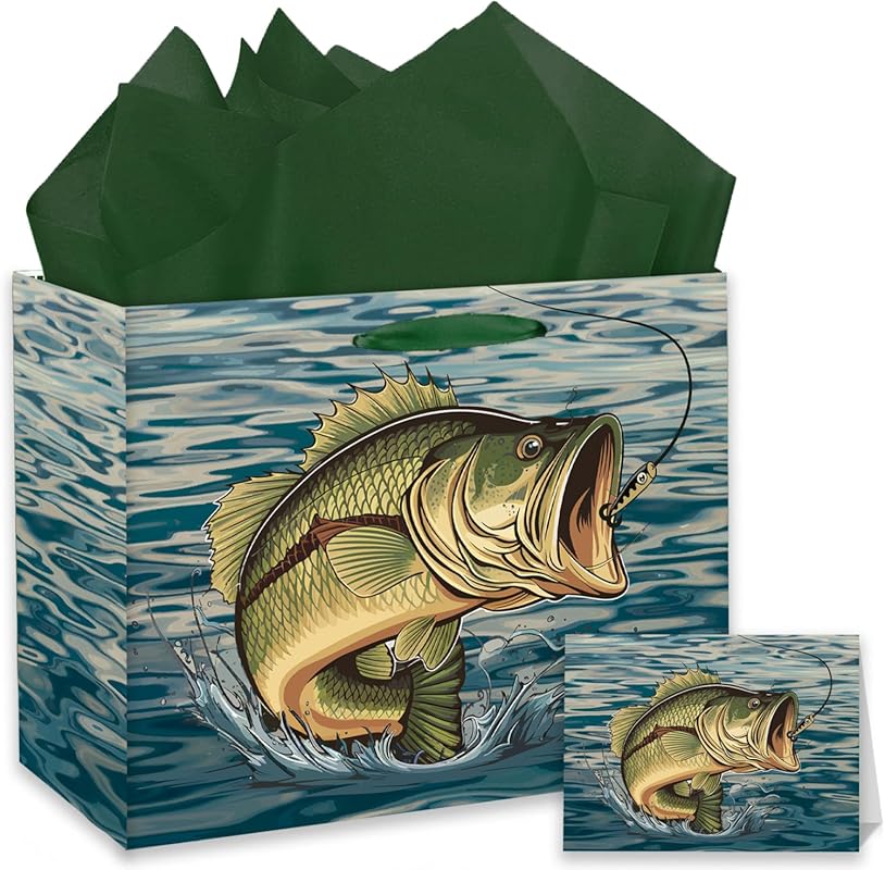 GOLDCROW Large Fishing Gift Bag with Wrapping Paper & Card