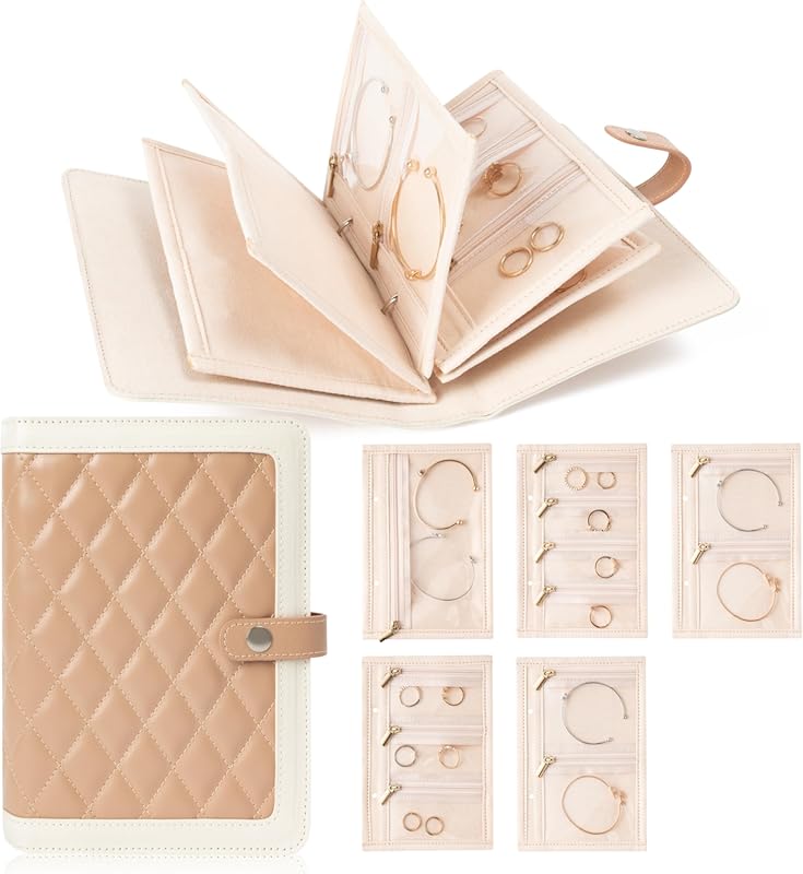 5-Pouch Jewelry Roll Storage Case for Necklaces, Rings & Earrings, Bei