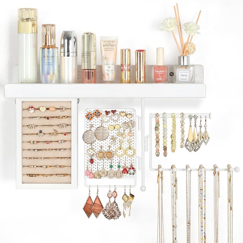 SOLIMINTR Rustic Hanging Jewelry Organizer with Rotating Necklace Hold