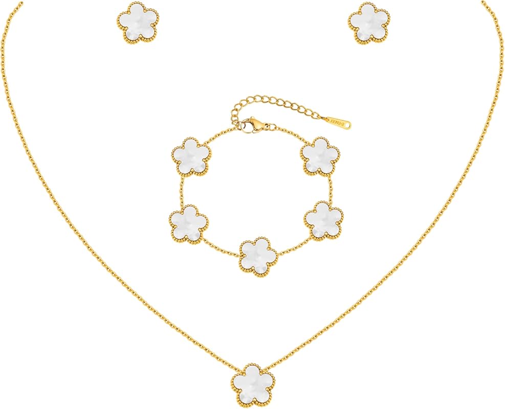 18K Gold Plated Floral Bracelet Chain & Stainless Steel Jewelry Set -