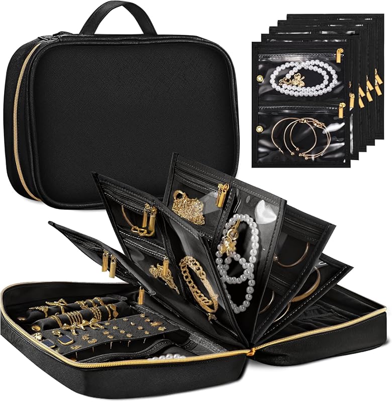 Travel Jewelry Case with 5 Zipper Pouches, Organizer for Necklaces Ear