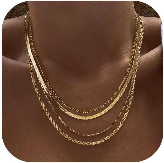 Tewiky Layered Necklaces Waterproof 14k Gold Plated Herringbone Snake