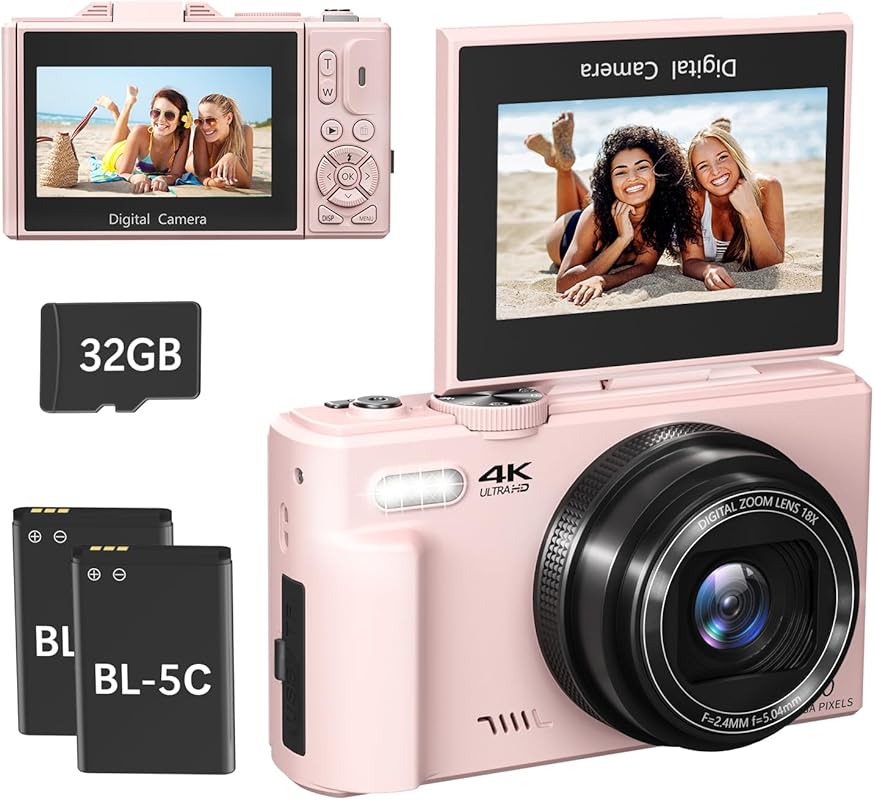 4K 64MP Compact Vlogging Camera with WiFi, 180° Flip Screen & Pink Des