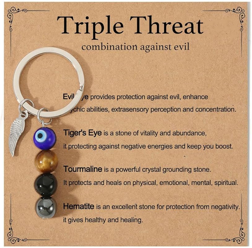 Triple Threat Protection Keychain with Natural Healing Crystals and Ev