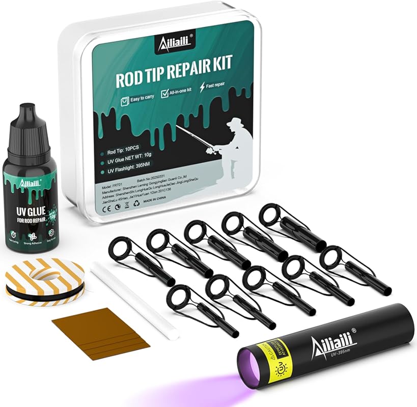 Fishing Rod Tip Repair Kit with 10 Sizes Eyelets, Glue, UV Flashlight 