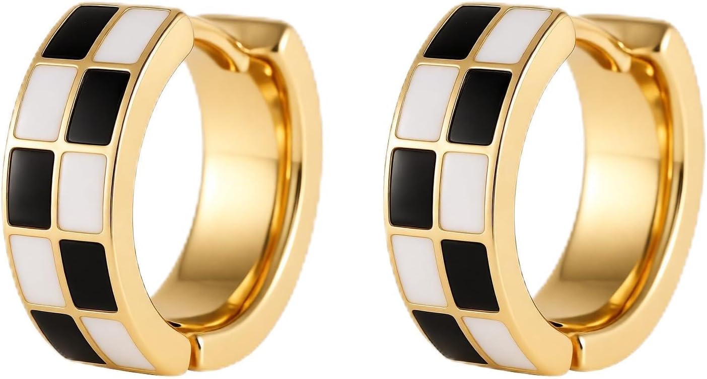 Chic Checker Hoop Cartilage Earrings in White & Black Enamel – Hypoall