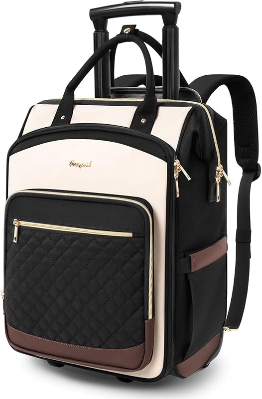 Stylish Rolling Backpack for Women with Wheels, Dual-Opening Laptop Ba