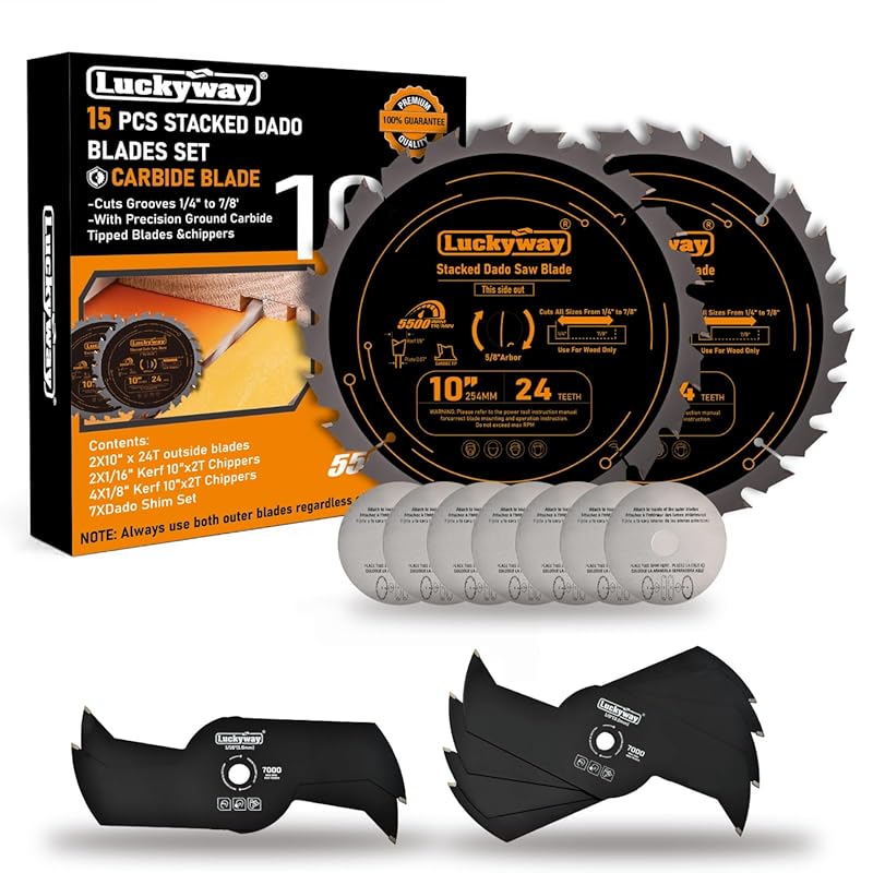 Luckyway 10-Inch Stacked Dado Blade Set with 24 Carbide Tips, Adjustab