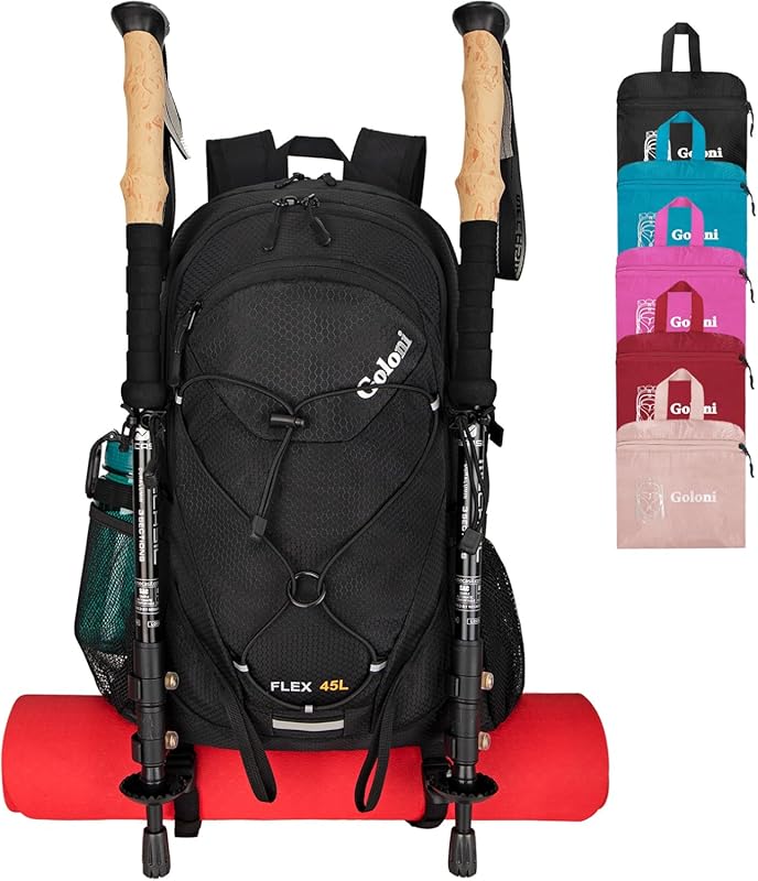 Goloni 45L Foldable Waterproof Hiking Backpack, Ergonomic Pack with Ra