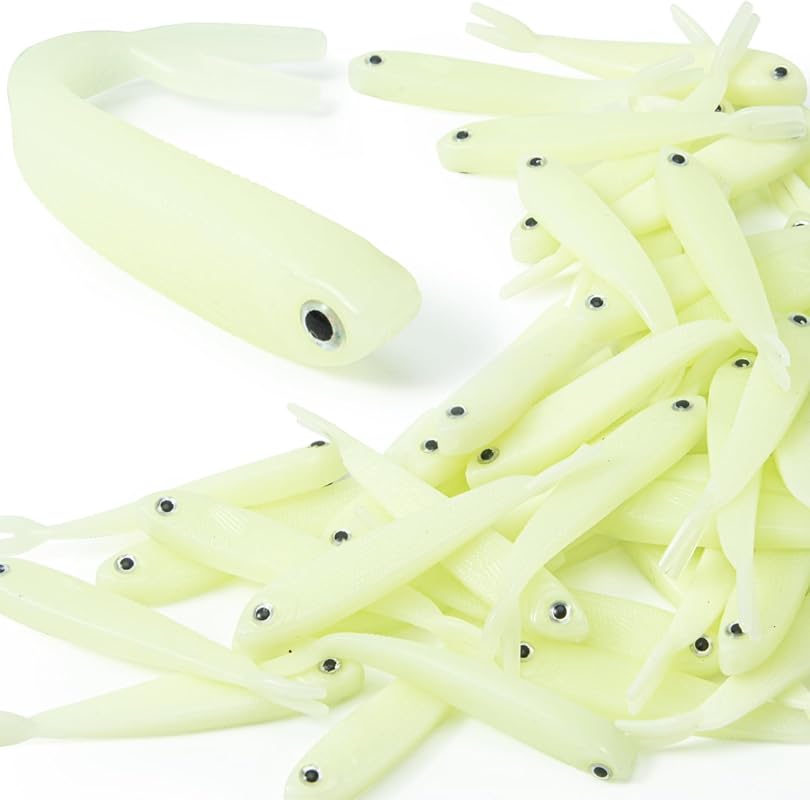 Syosisny 50 PCS Luminous Soft Plastic Minnow Fishing Lures for Bass &