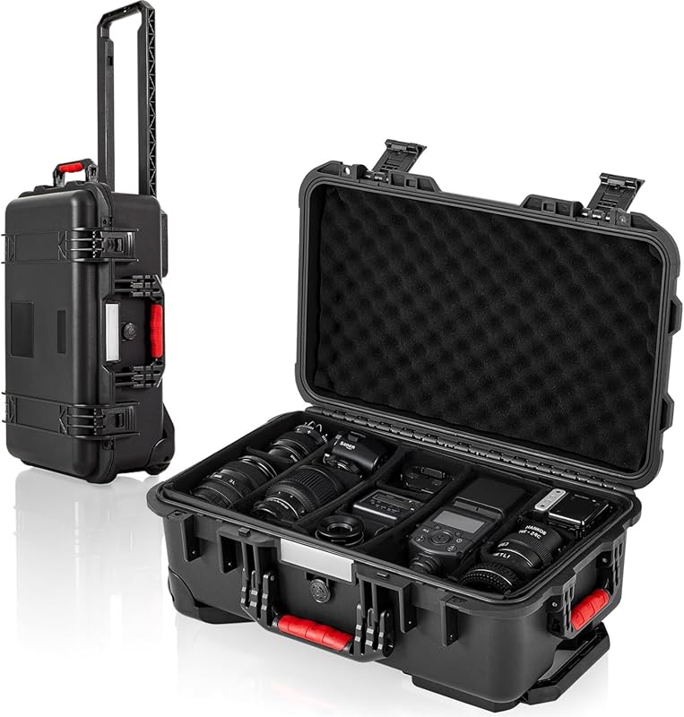 Waterproof Rolling Camera Hard Case 22x14x9 Inch with Wheels, Padded D